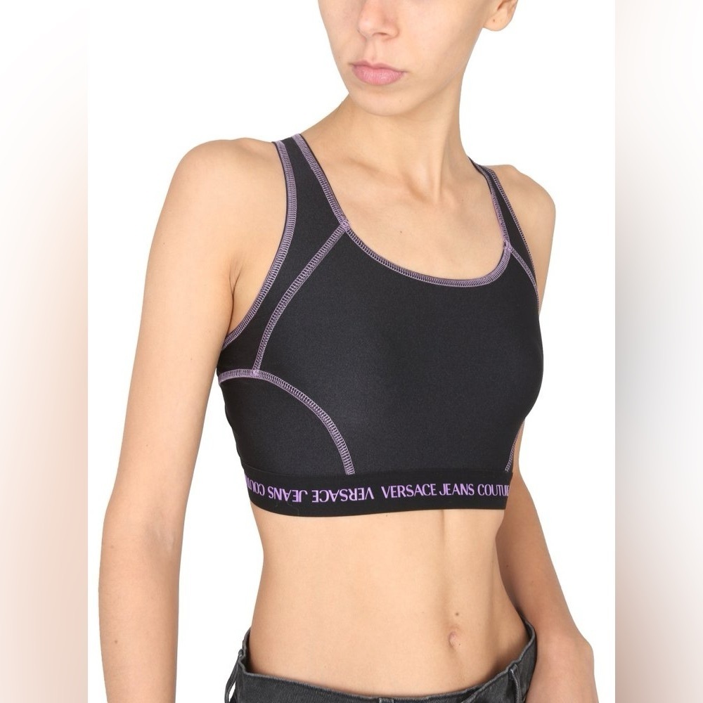 VERSACE JEANS COUTURE Sports Bra Crop Top Black‎ Purple Lycra NWT Size L SSENSE